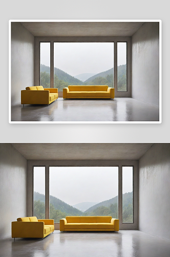 极简风格中的黄色沙发与宽大窗户