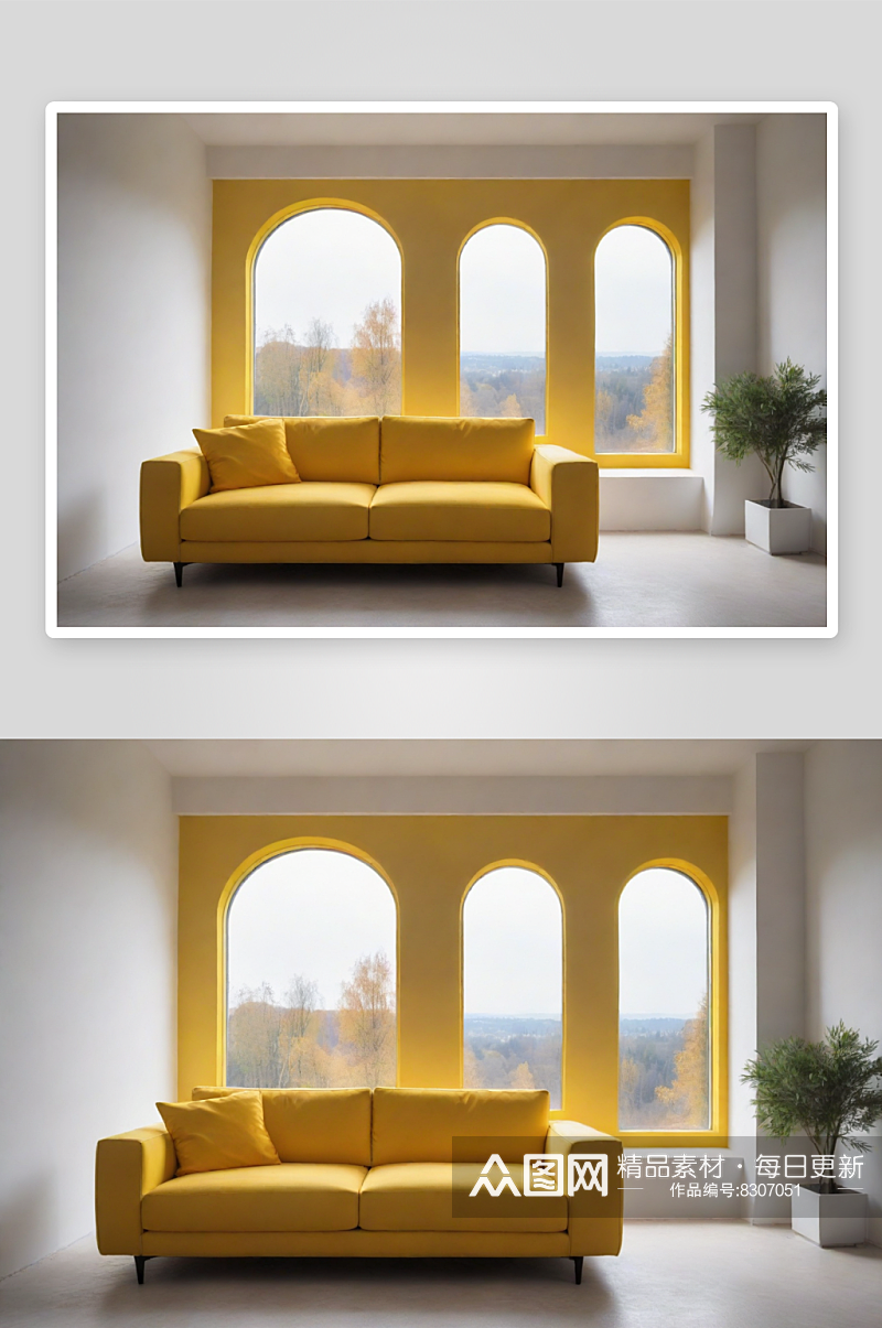 极简风格中的黄色沙发与宽大窗户素材