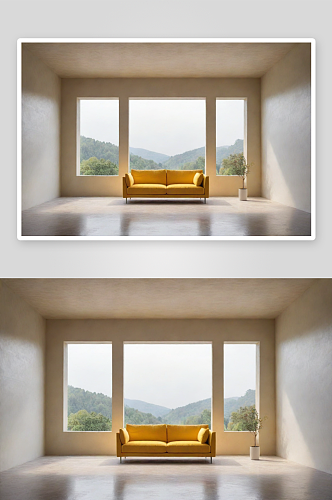 极简风格中的黄色沙发与宽大窗户