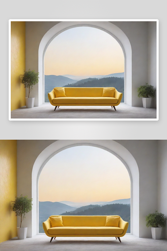 极简室内中的黄色沙发与中心视角