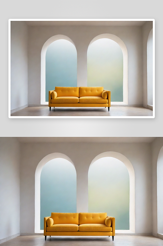 极简室内中的黄色沙发与中心视角