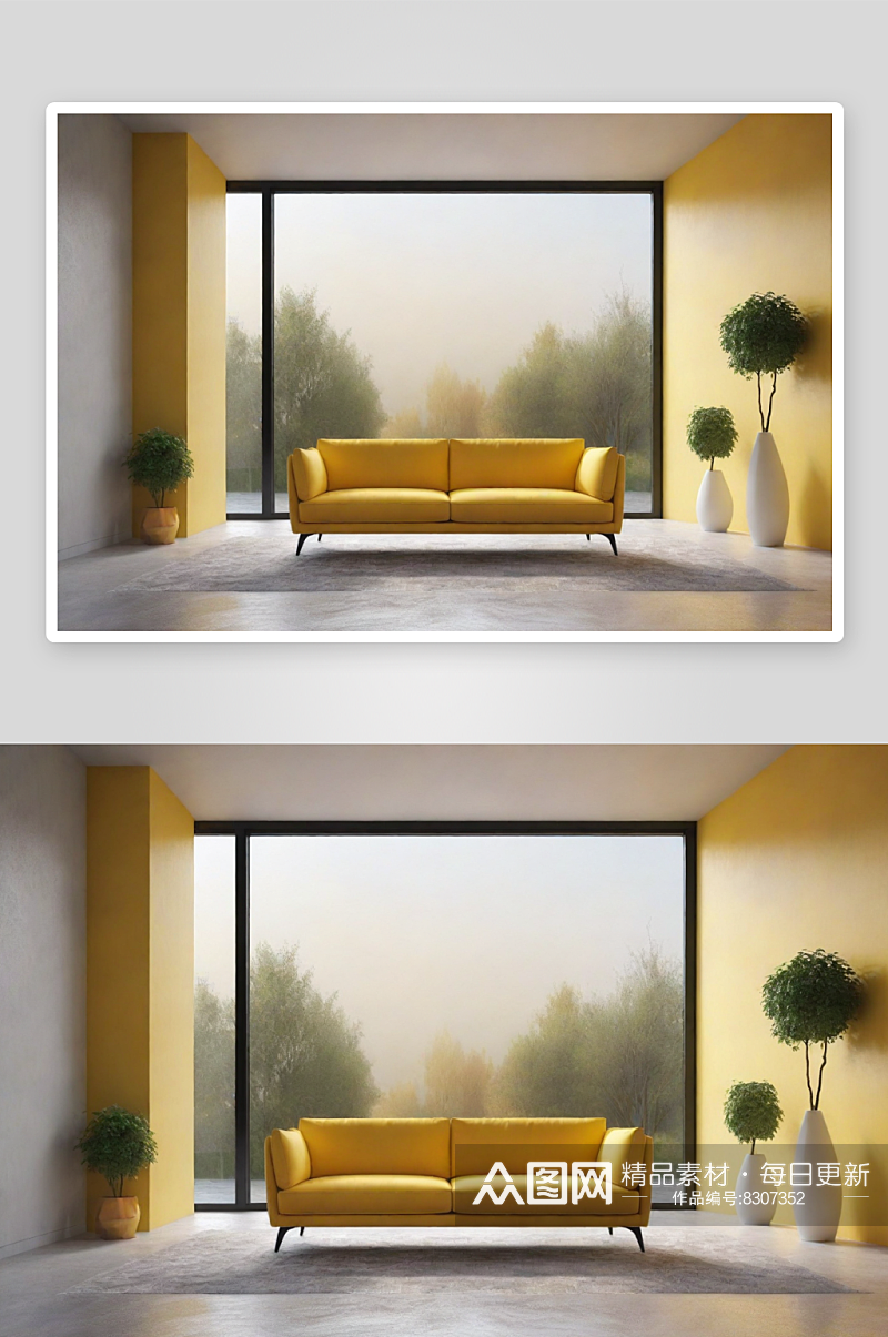 极简室内中的黄色沙发与大窗户素材