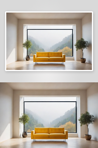 极简室内中的黄色沙发与大窗户