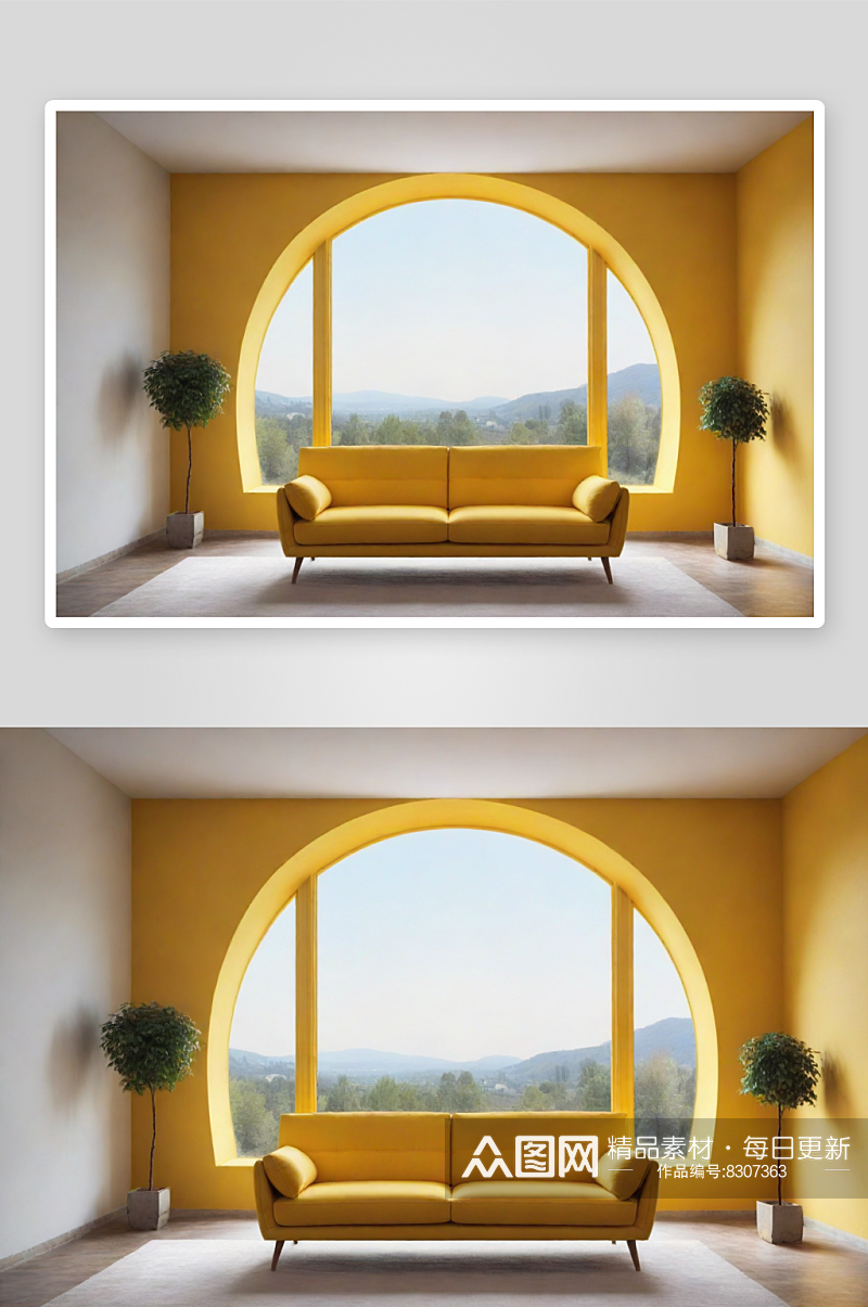 极简室内中的黄色沙发与大窗户素材