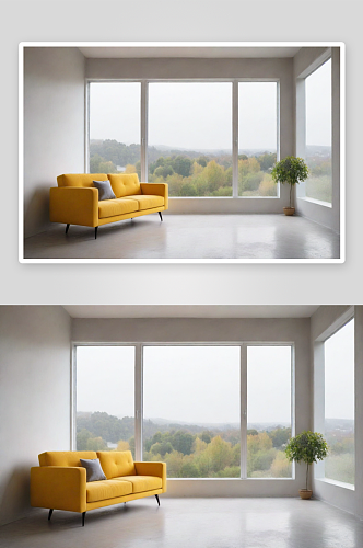 极简室内中的黄色沙发与大窗户