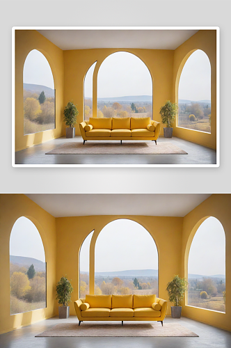 黄色沙发映衬的极简室内布置