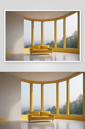 黄色沙发映衬的极简室内布置