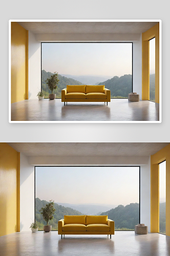 中心视角下的大窗户与明亮黄色沙发