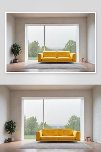中心视角下的大窗户与明亮黄色沙发
