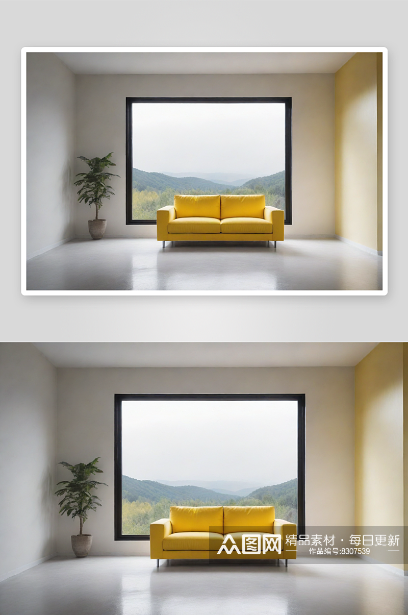 极简风格中的黄色沙发与透明大窗户素材