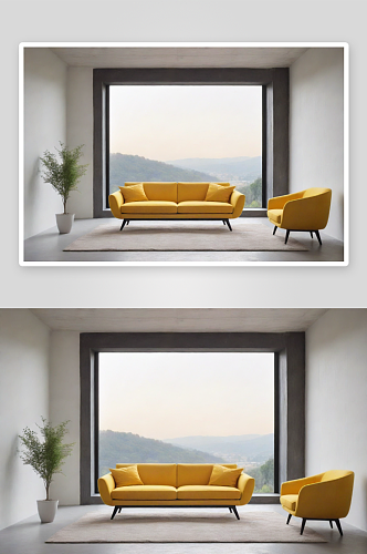 极简风格中的黄色沙发与透明大窗户