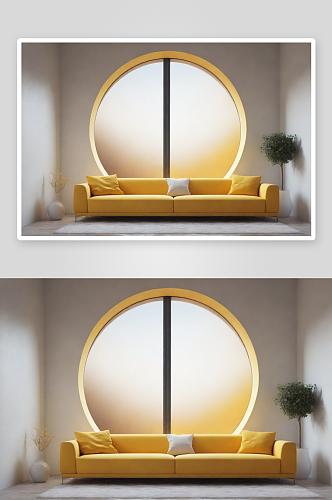 极简风格中的黄色沙发与透明大窗户