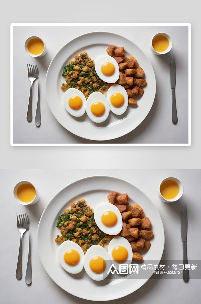 星期一早晨的超现实煎蛋与美食盘素材
