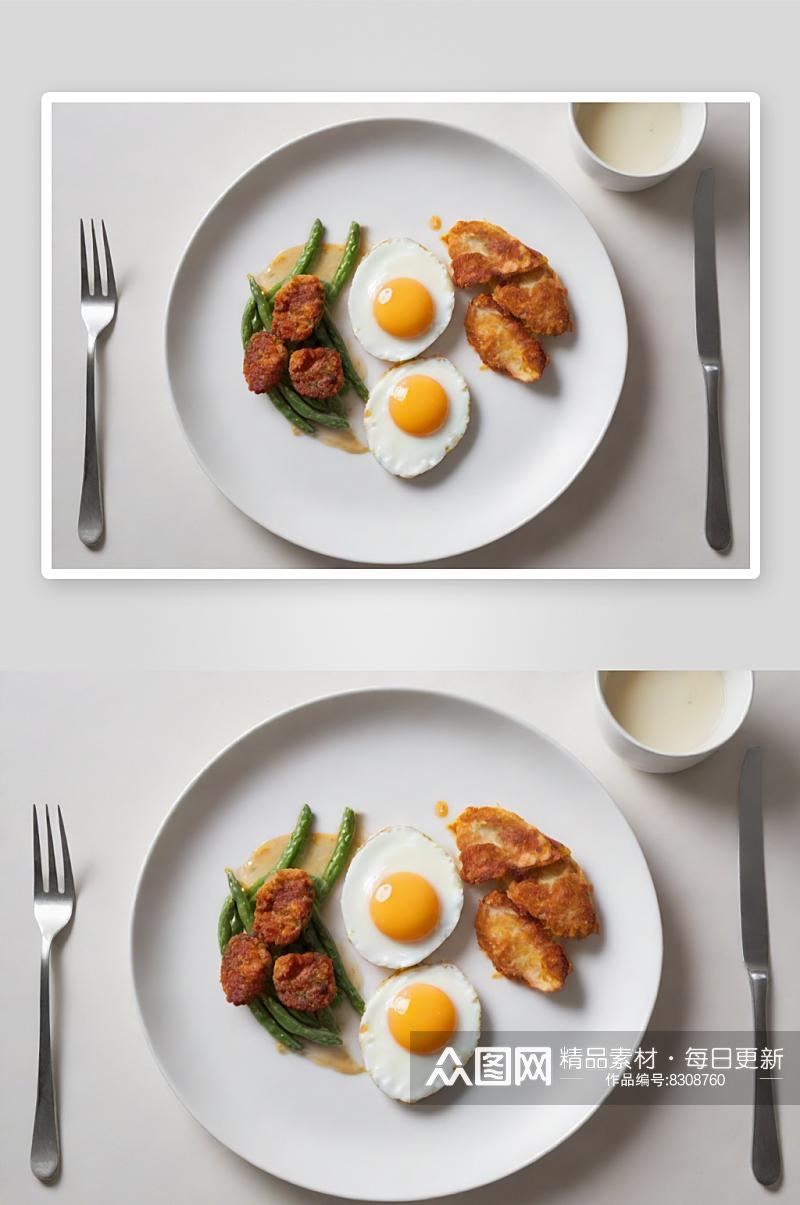 顶视图白色盘子上的双煎蛋与旁边小菜素材