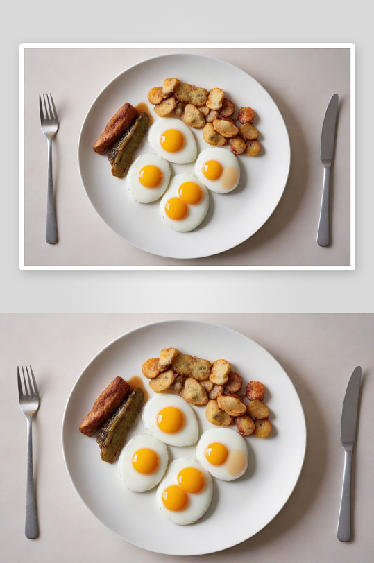 顶视图白色盘子上的双煎蛋与旁边小菜