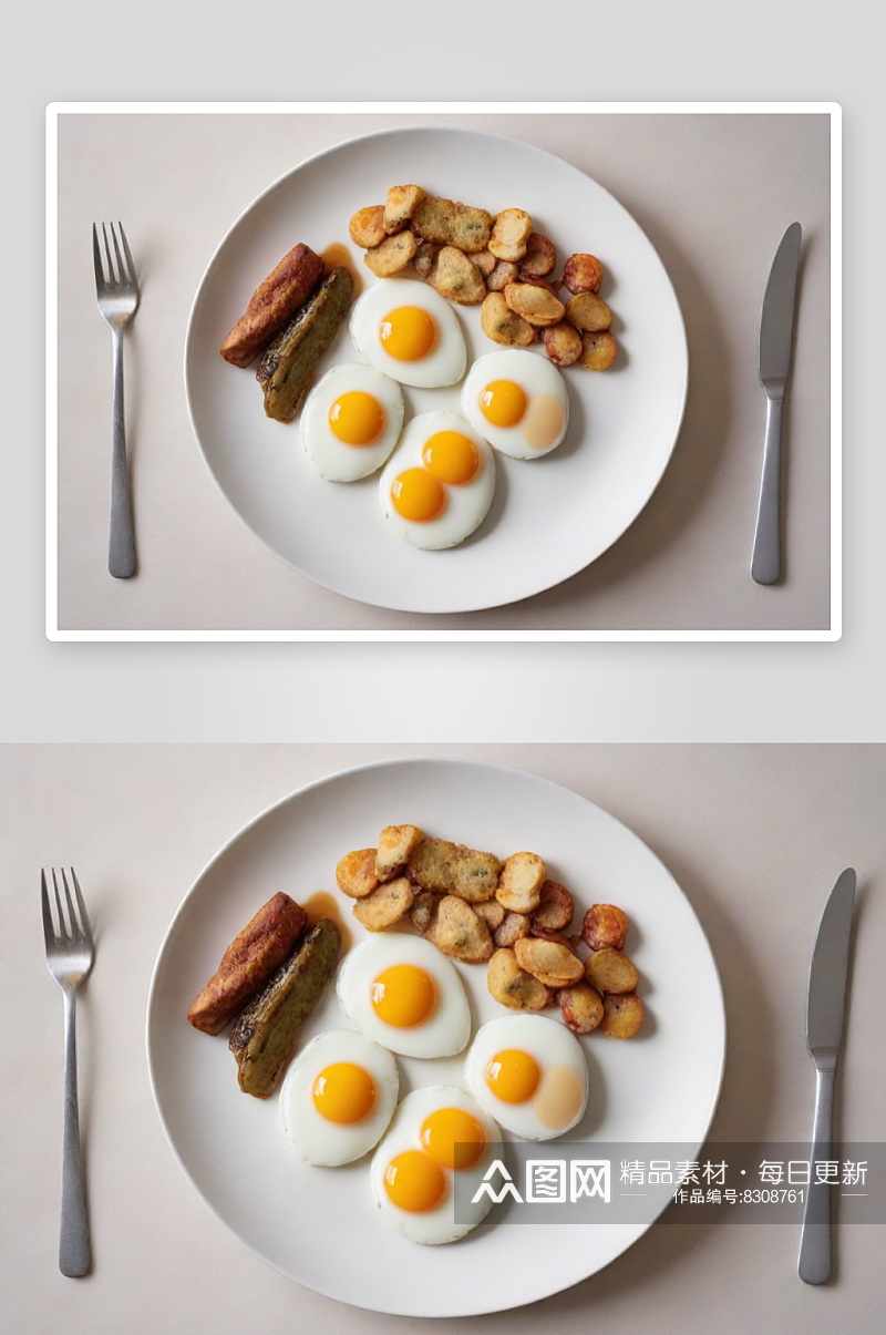 顶视图白色盘子上的双煎蛋与旁边小菜素材