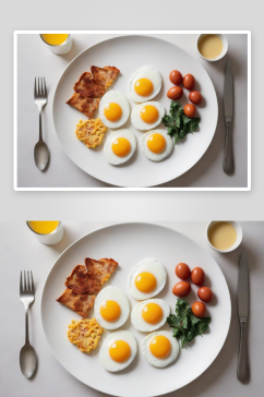 顶视图白色盘子上的双煎蛋与旁边小菜