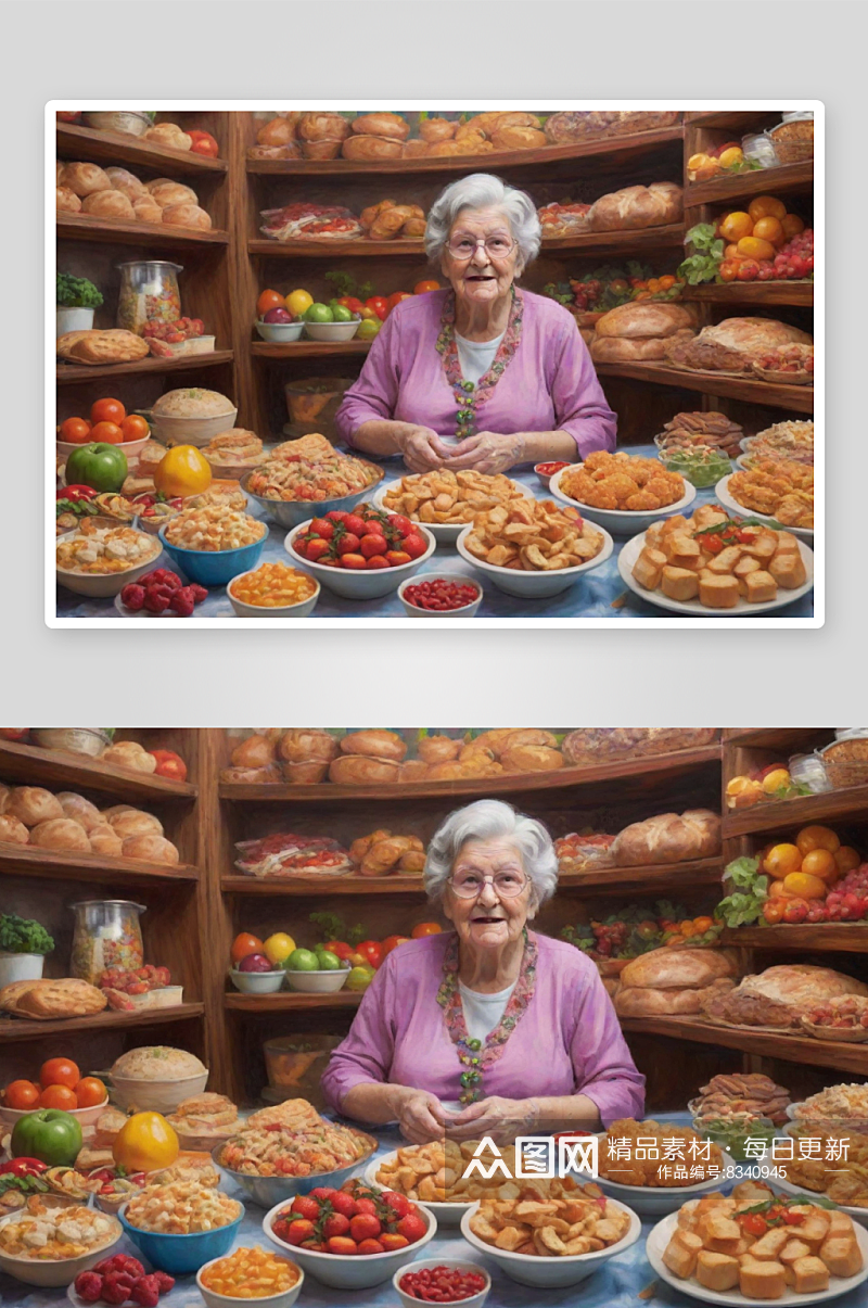 商场奇幻艺术中的奶奶与色香味俱佳的美食素材
