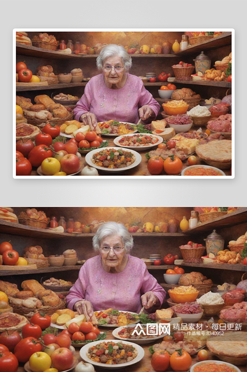 商场奇幻艺术中的奶奶与色香味俱佳的美食素材