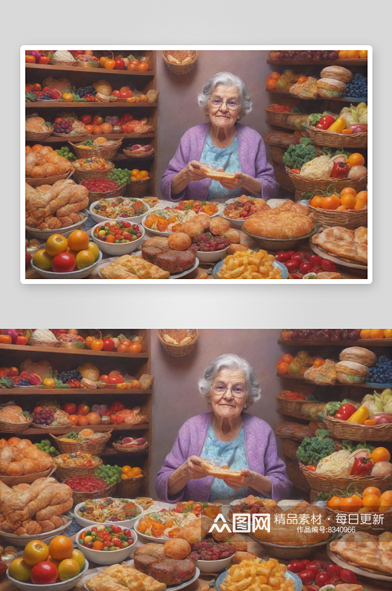 奶奶在奇幻商场中与诱人美食相伴素材
