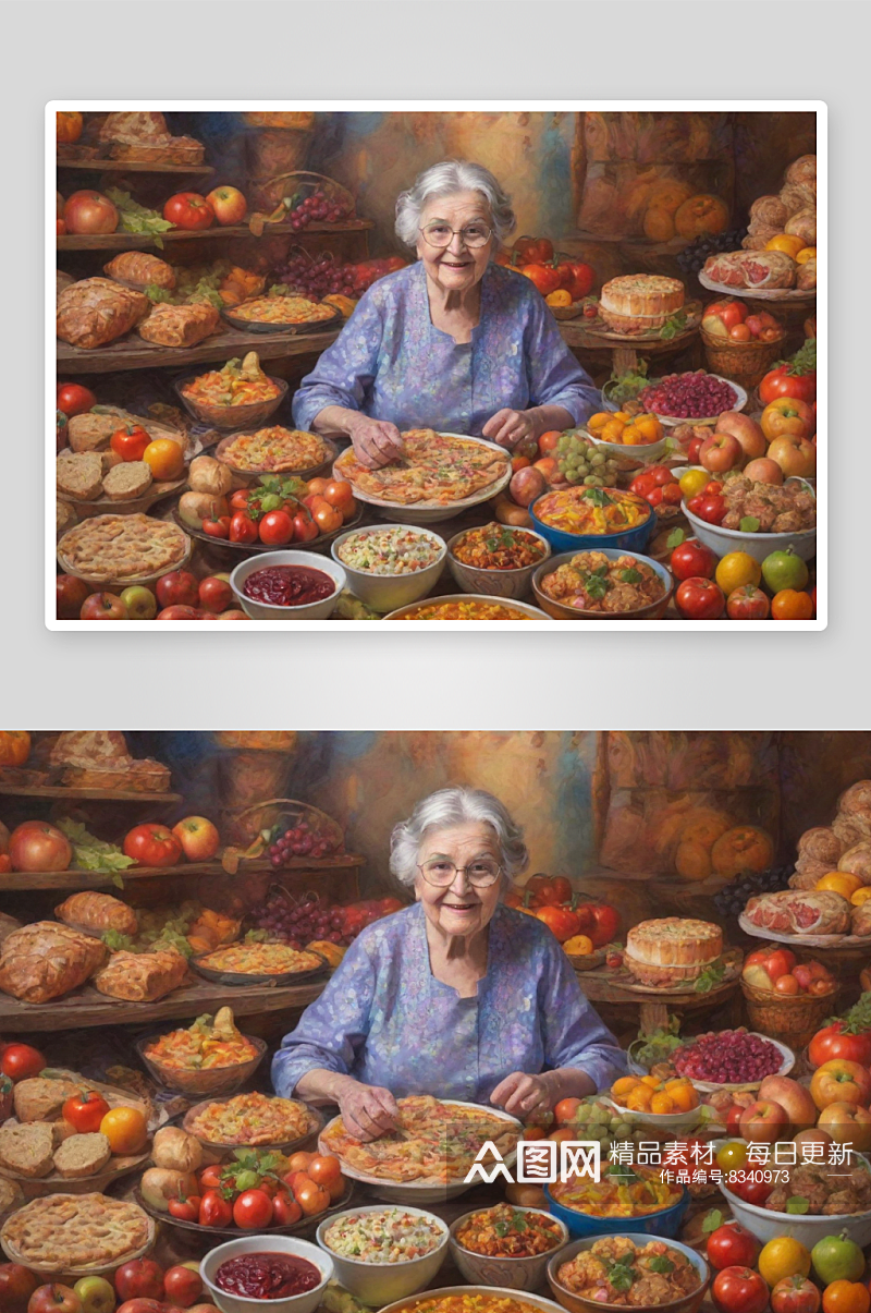 奶奶在奇幻商场中与诱人美食相伴素材