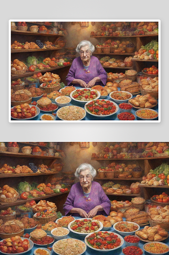 商场奇幻艺术中的奶奶与丰盛的餐桌