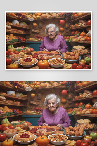 商场奇幻艺术中的奶奶与丰盛的餐桌