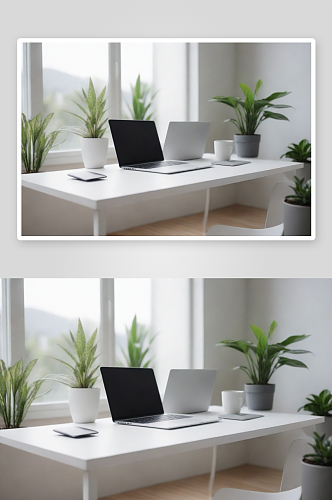 现代房屋中的白色灰色桌子与植物