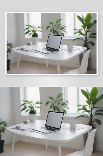 白色灰色桌子笔记本和植物在现代房屋