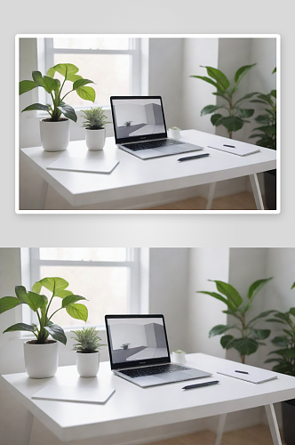 白色灰色桌子笔记本和植物在现代房屋