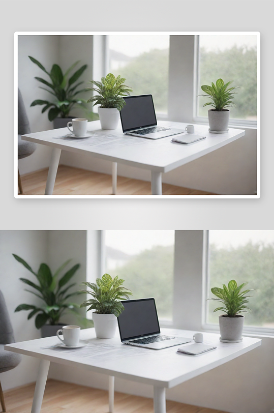 现代房屋早晨超写实白灰桌笔记本和植物