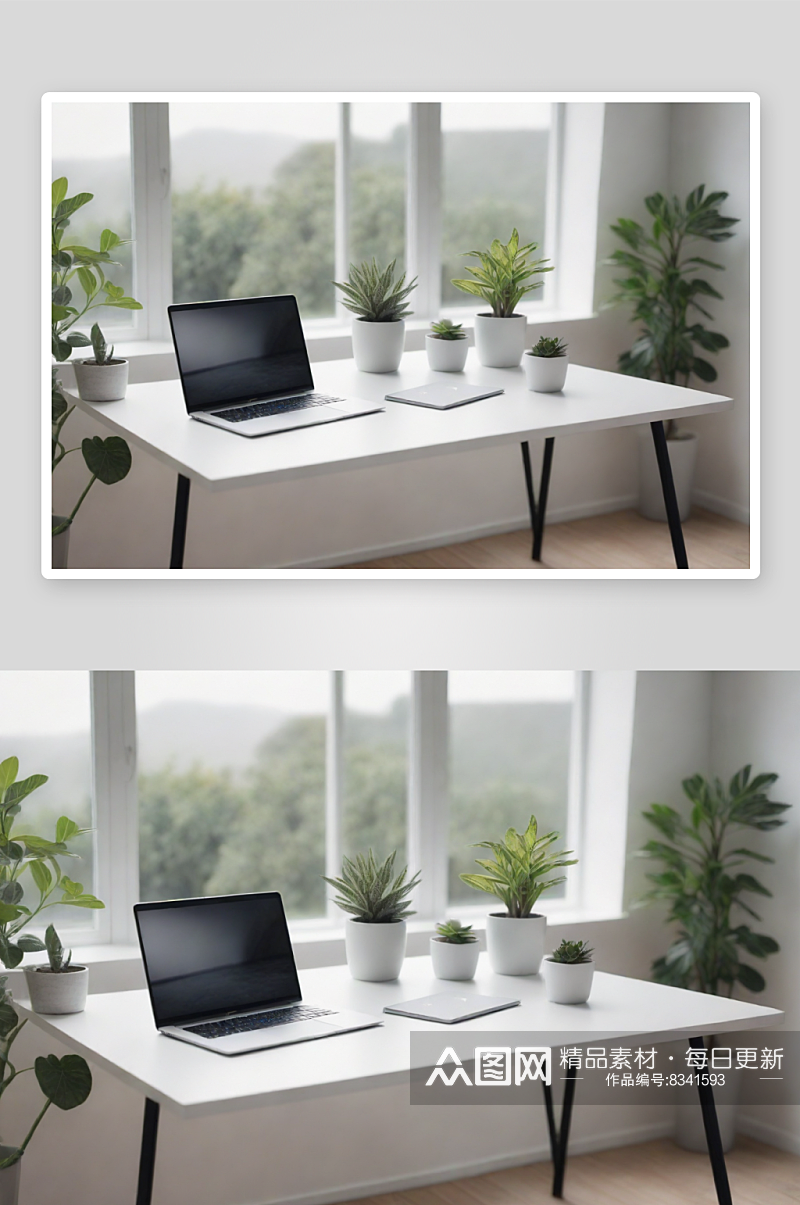 现代房屋早晨白灰桌笔记本和植物素材