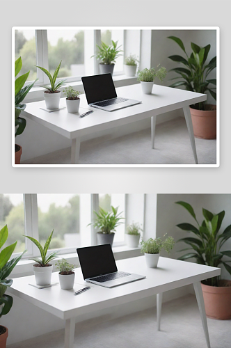 现代房屋早晨白灰桌笔记本和植物