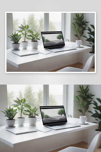 现代房屋早晨白灰桌笔记本和植物