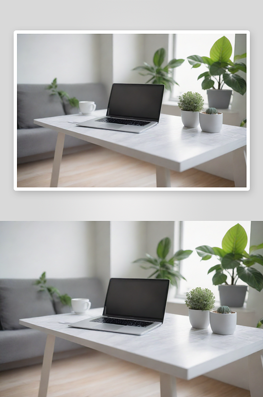 超写实白灰桌笔记本和植物的现代房屋