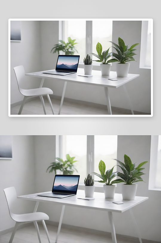 超写实白灰桌笔记本和植物的现代房屋