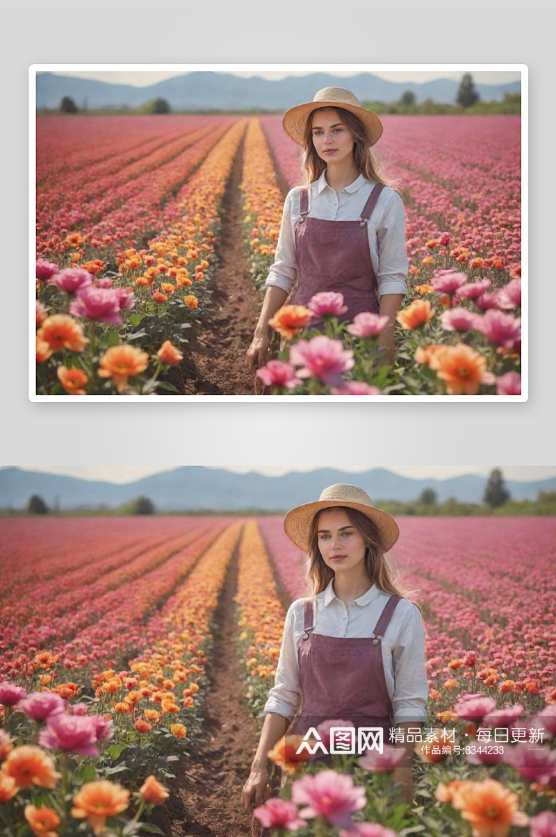 充满光线的梦幻女性花农在花田中素材