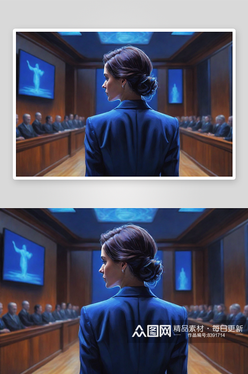 中年女士在法庭上蓝色背影描绘素材