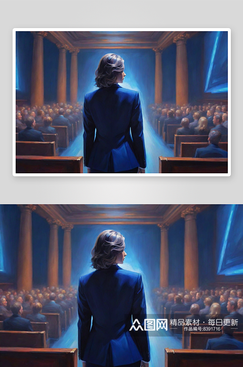 中年女士在法庭上蓝色背影描绘素材
