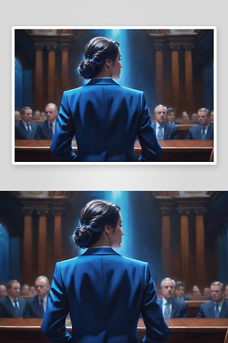 中年女士在法庭上蓝色背影描绘