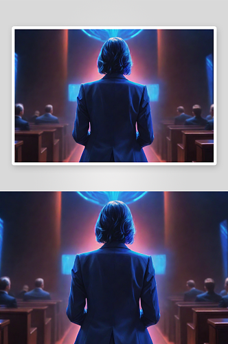 中年女士在法庭上蓝色背影描绘