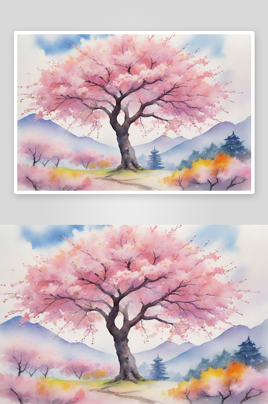 樱花树季节与老式景观的水彩风格