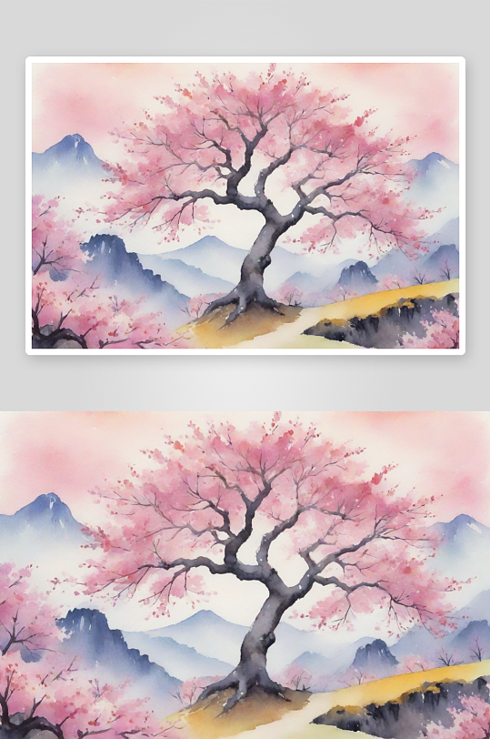 樱花树季节与老式景观的水彩风格
