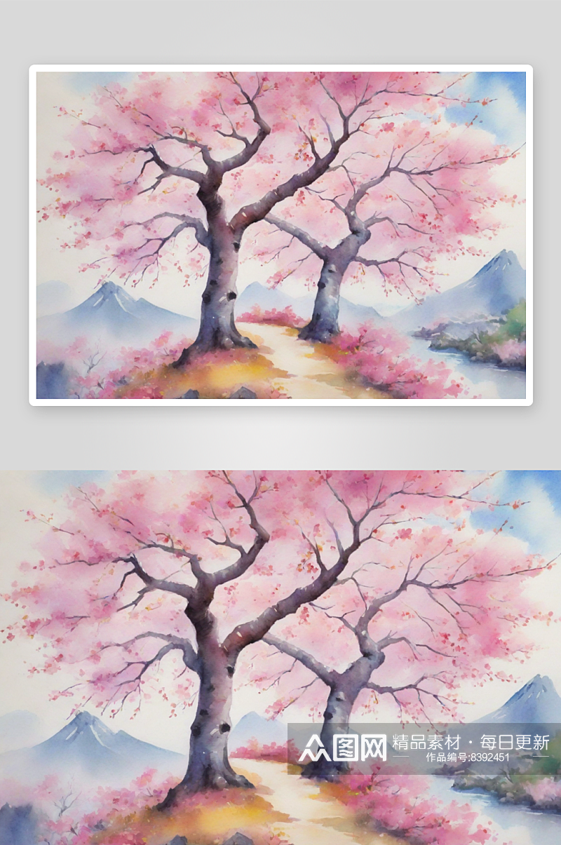 樱花树季节与老式景观的水彩风格素材