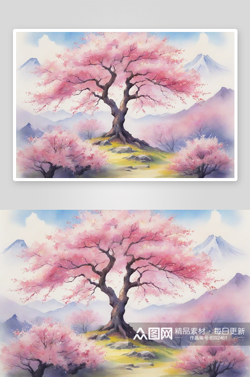 樱花树季节与老式景观的水彩风格素材