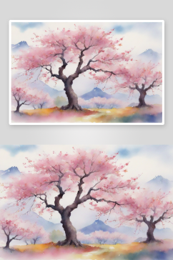 缤纷色彩下的卡通大胆樱花树季节