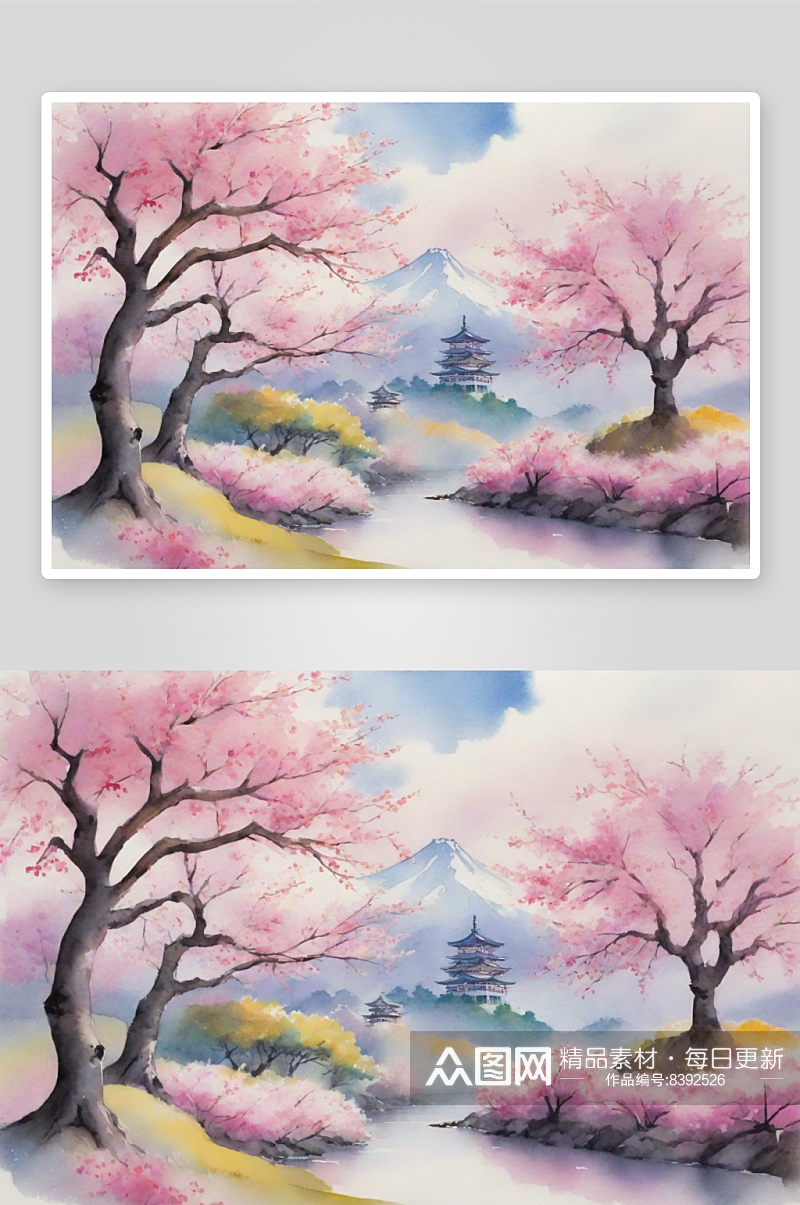 新派风格下的水彩樱花树季节与老式景观素材