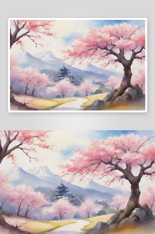 新派风格下的水彩樱花树季节与老式景观