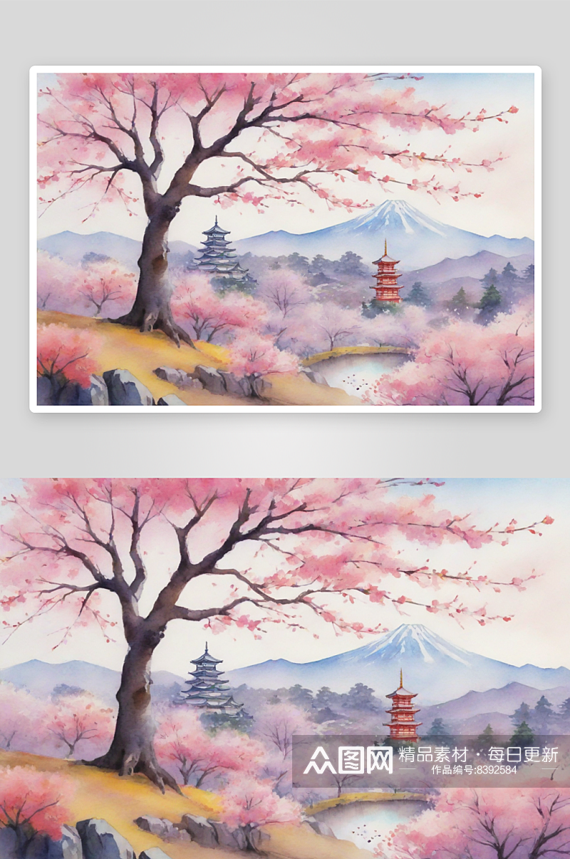 新派风格下的水彩樱花树季节与老式景观素材