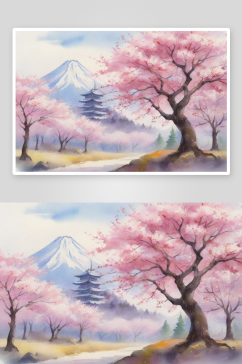 新派风格下的水彩樱花树季节与老式景观